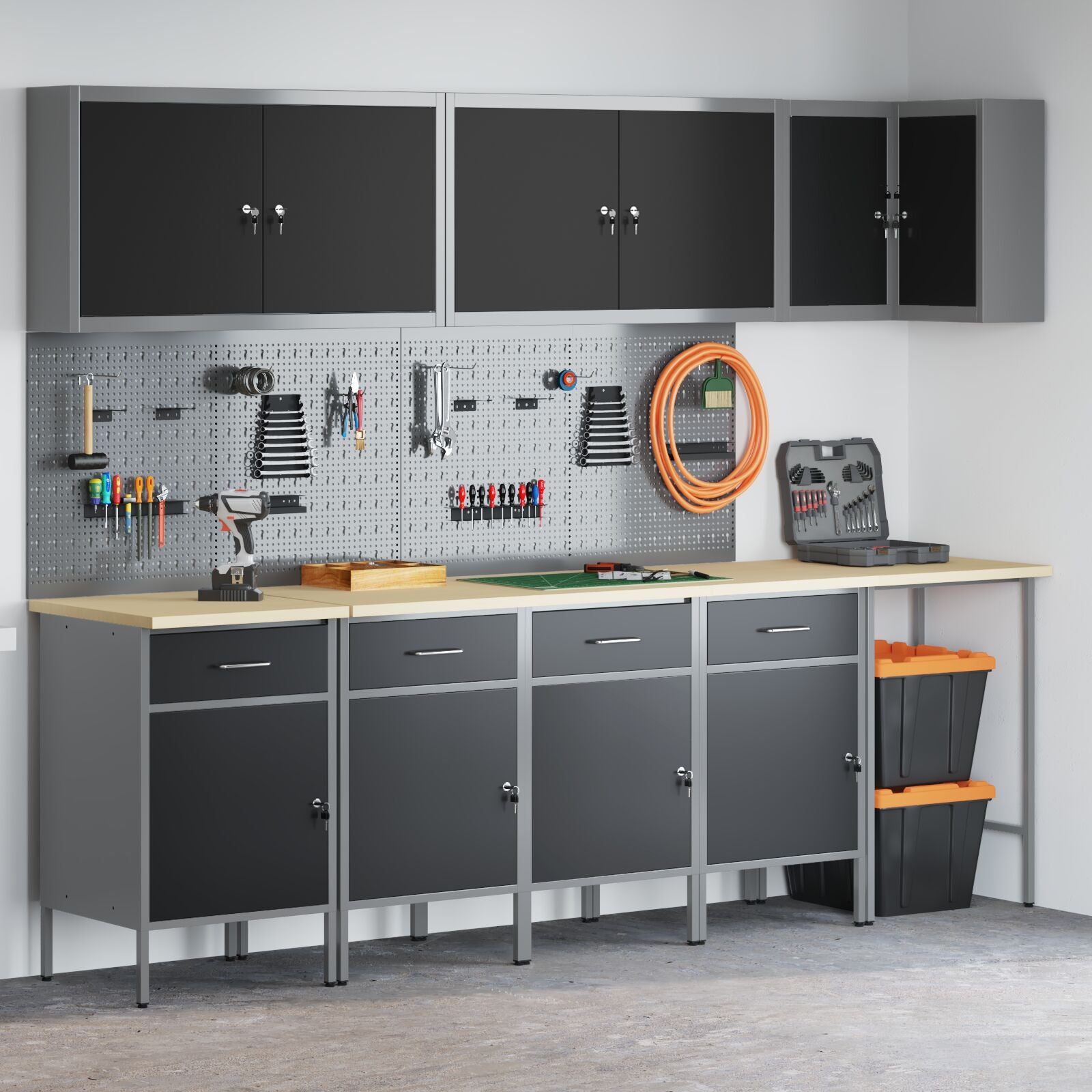 12-Delige Werkmeubel En Pegboard Set Mdf En Metaal 4x (84 cm) Zwart Tafel + 7x kast + 4x pegboard