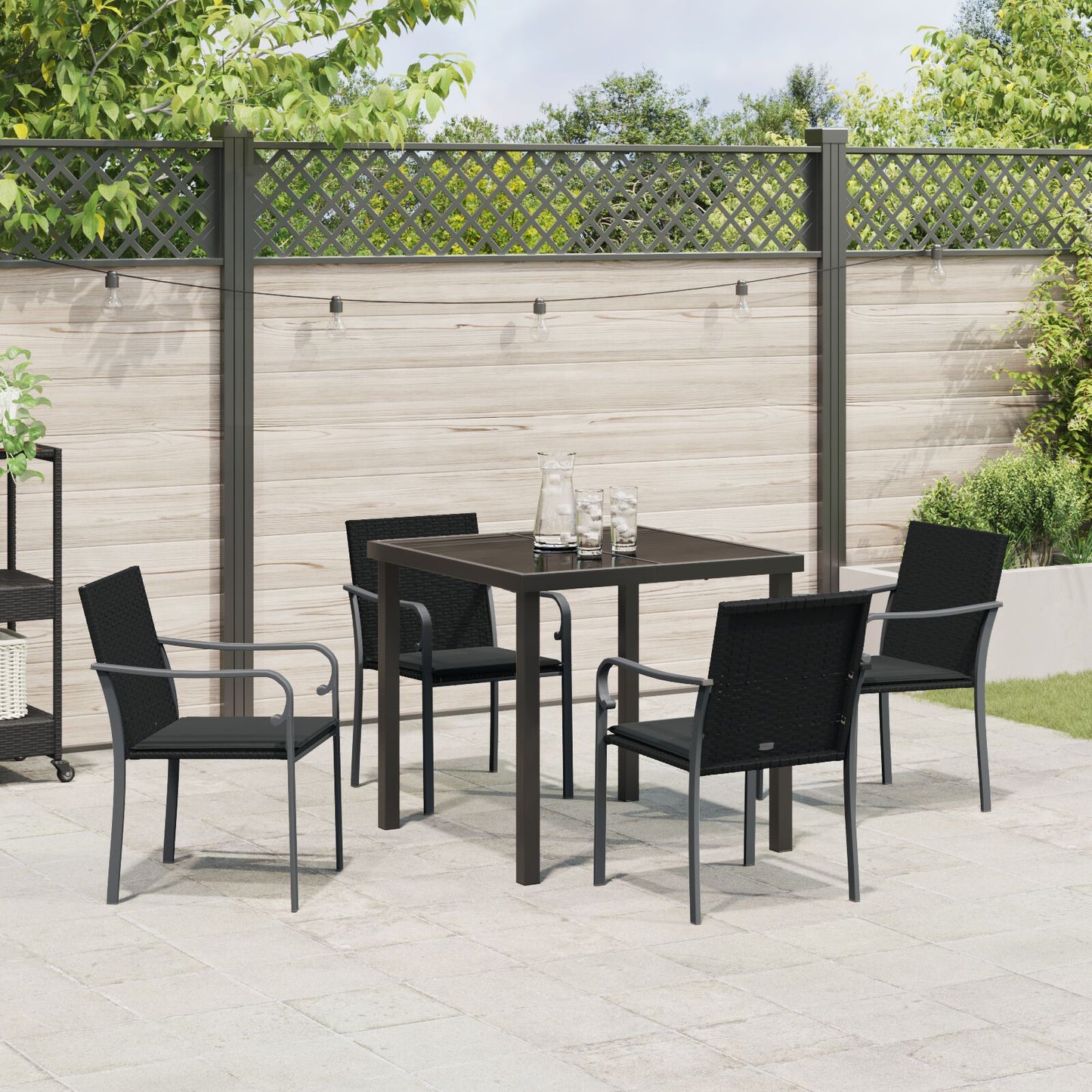 5-Delige Tuintafelset Met Kussens Poly Rattan 4-Zitter Zwart 80 cm
