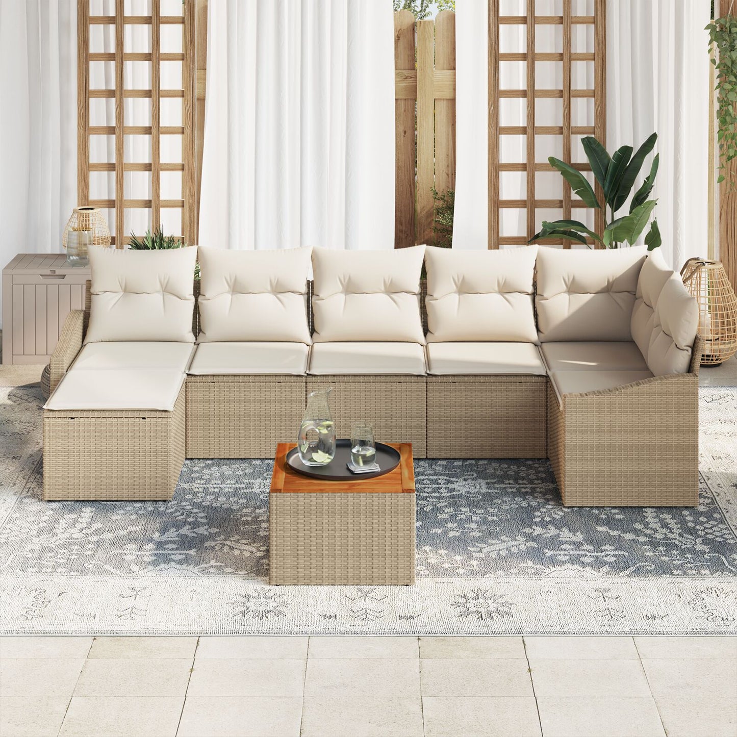 8 Stuks Tuin Sofa Set Met Kussens Beige Poly Rattan Acacia