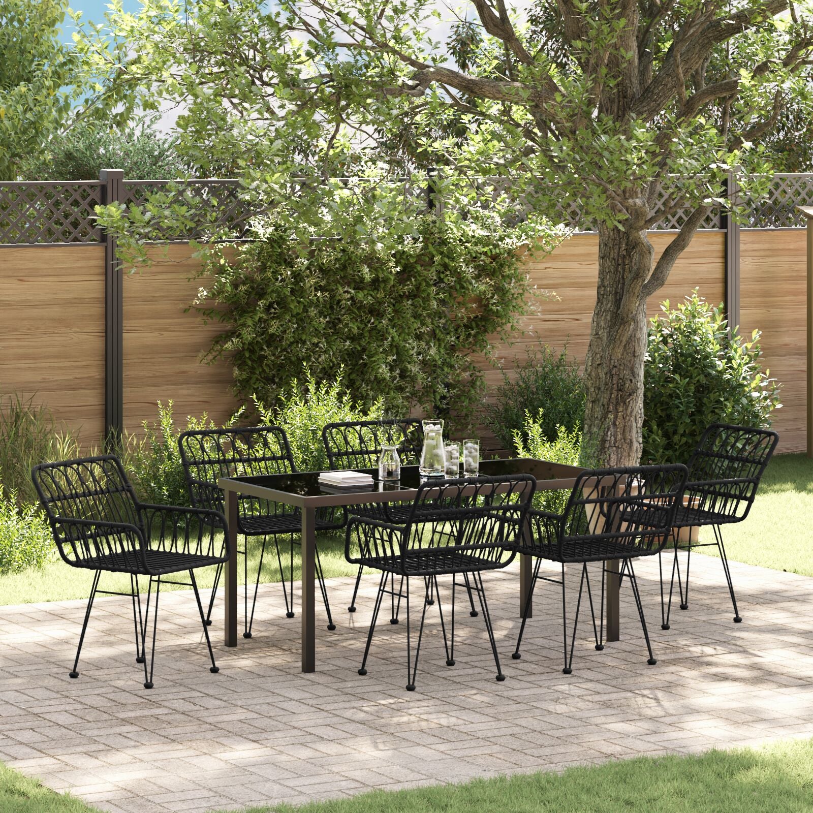 7-Delige Tuin Eetset Zwart Poly Rattan
