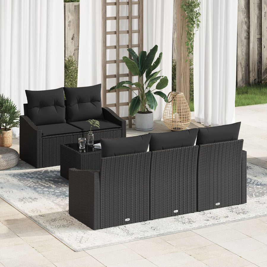 6-Delige Tuin Sofa Set Met Kussens Zwarte Poly Rattan Gegalvaniseerd Staal