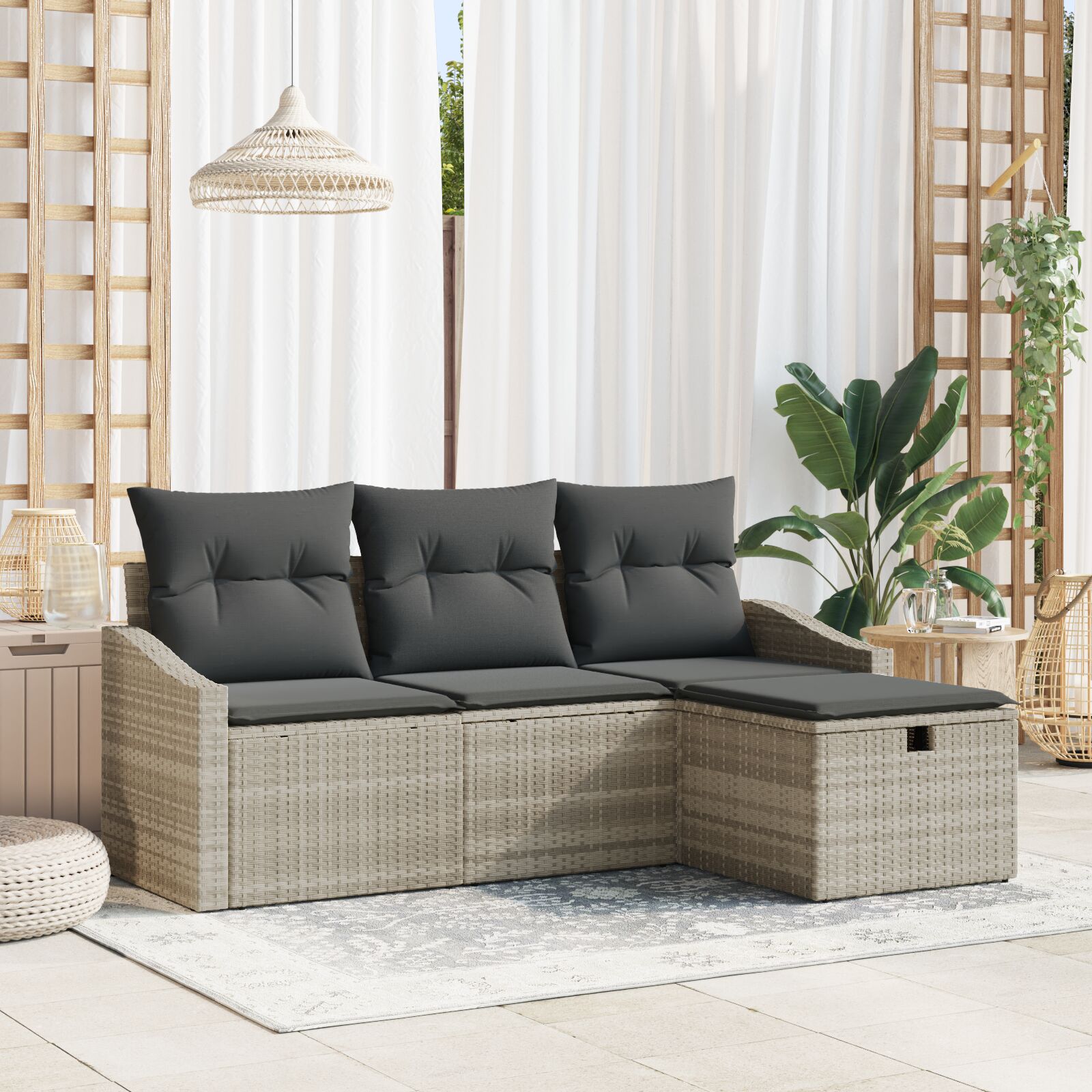 4-Delige Tuin Sofa Set Met Kussens Lichtgrijs Poly Riet Wit