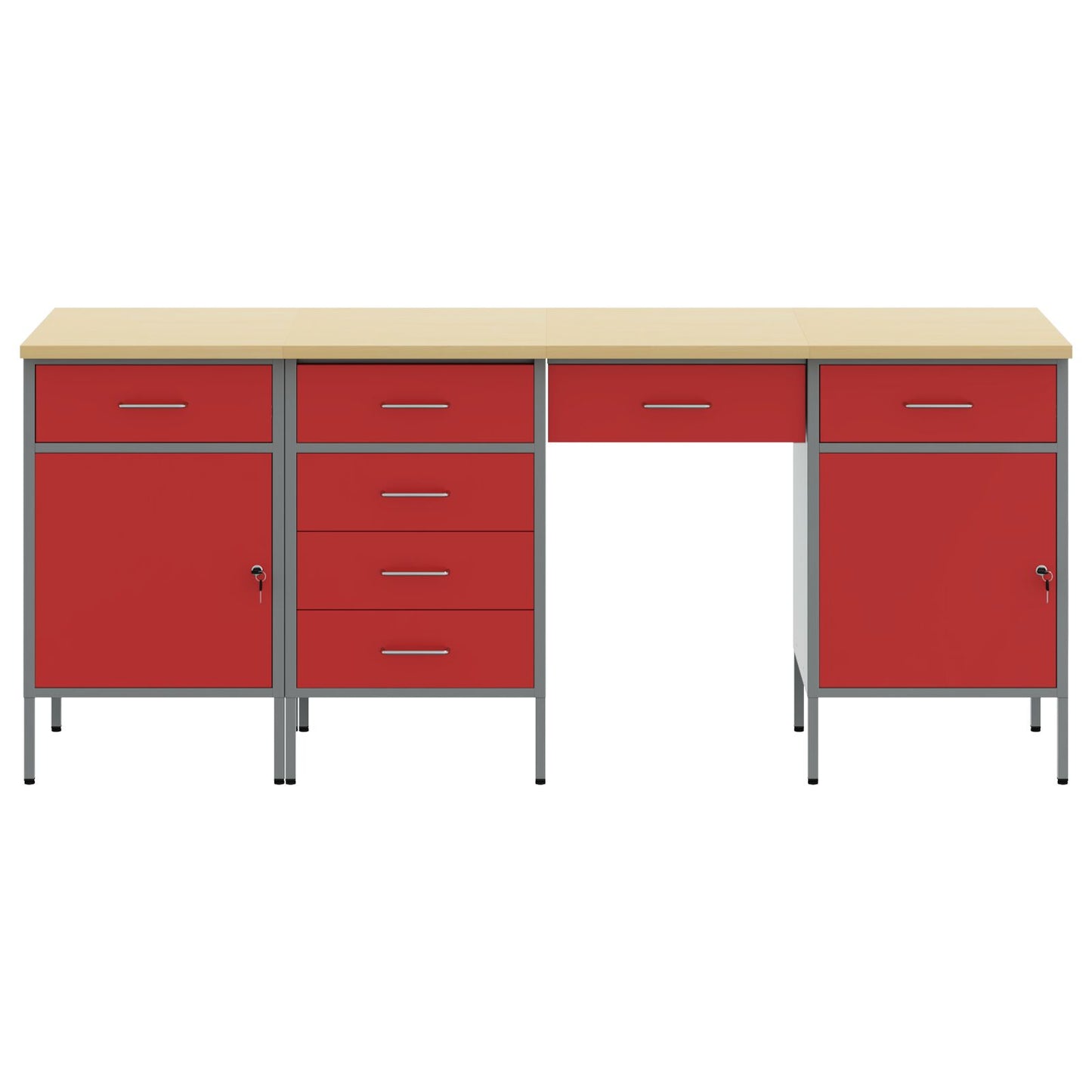 4-Delige Werkcabinet En Tafel Set Rood Gespoten Hout En Staal