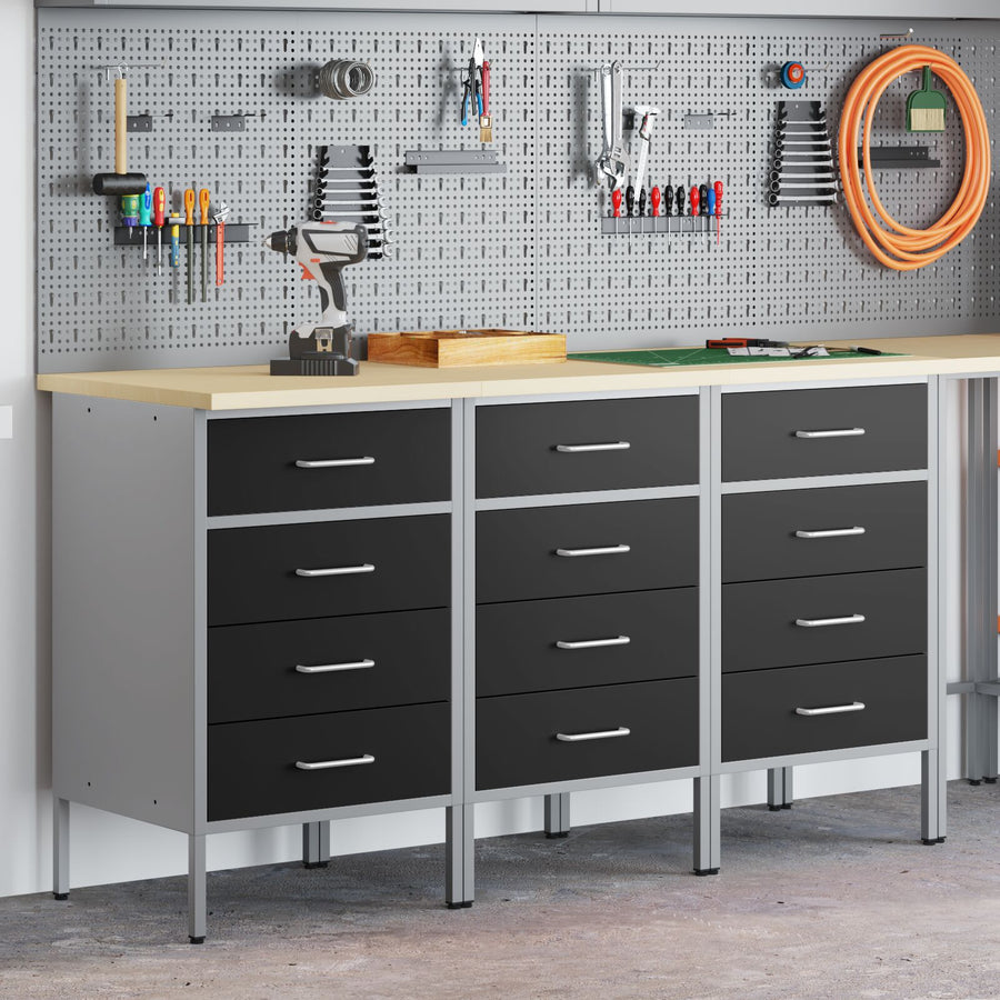 Werktafel 3-Delig En Grijs Hout En Staal 3x (85 cm) Zwart 3x kast