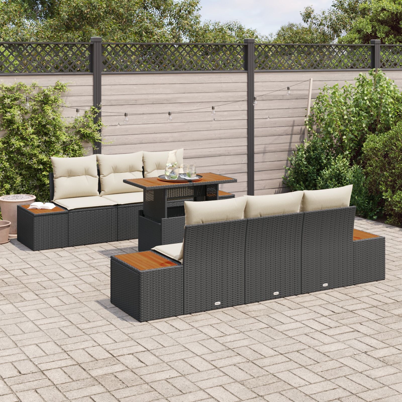 7-Delige Tuin Eetset Met Kussens Zwart Poly Rattan Acaciahout