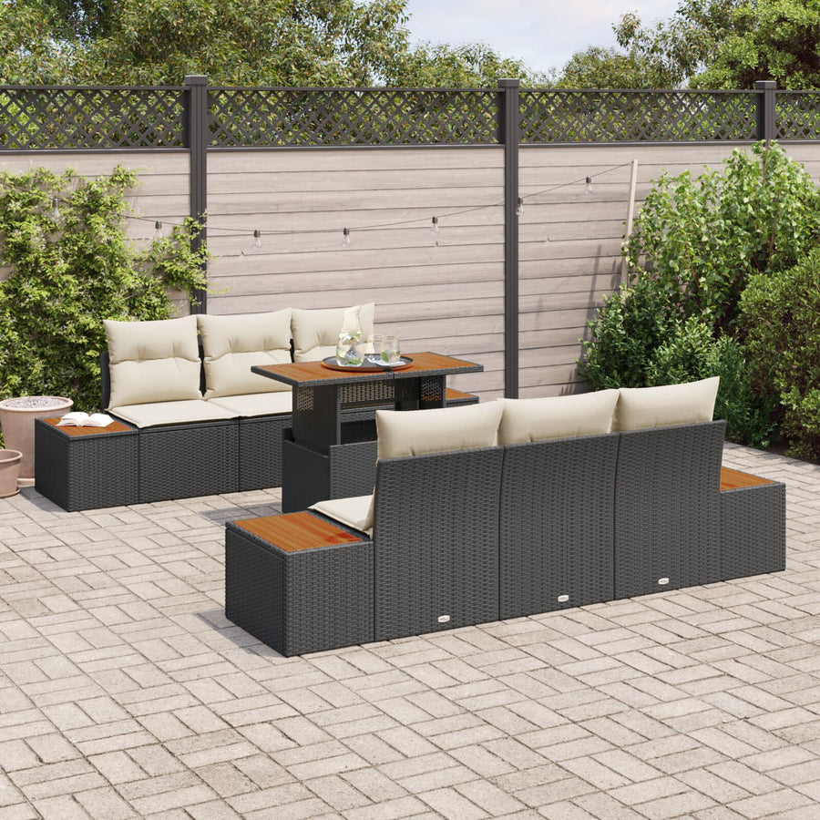 7-Delige Tuin Eetset Met Kussens Zwart Poly Rattan Acaciahout