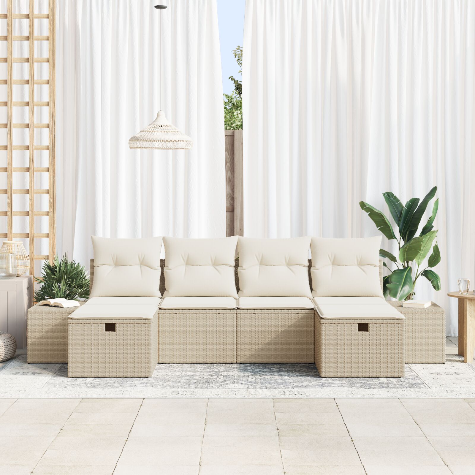 6-Delige Tuin Sofaset Met Kussens Beige Poly Rattan Wit