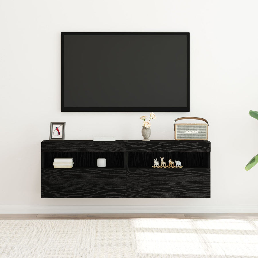 Tv Wandkasten Met Led-Verlichting 2 Stuks Zwart eiken