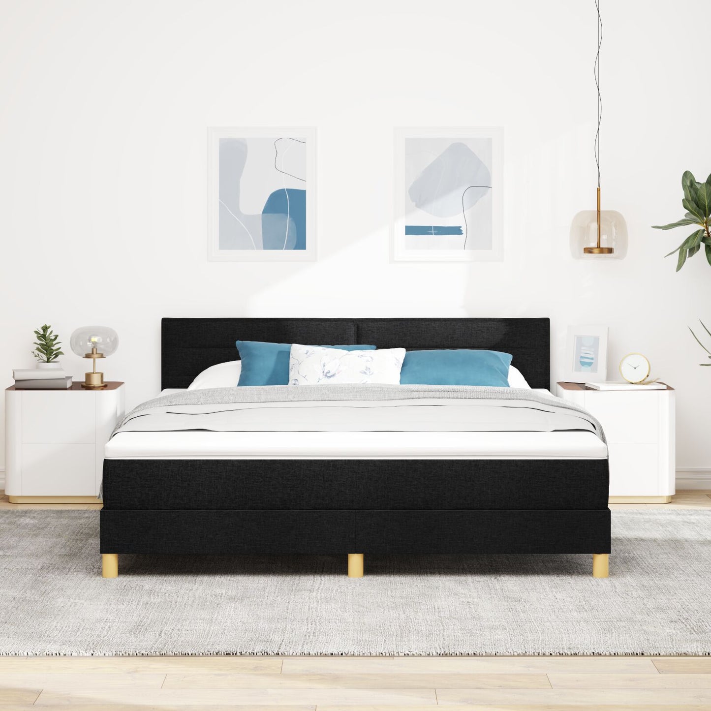 Boxspring Bed Met Matras Stof Zwart 180 x 200 cm Lijnen ontwerp