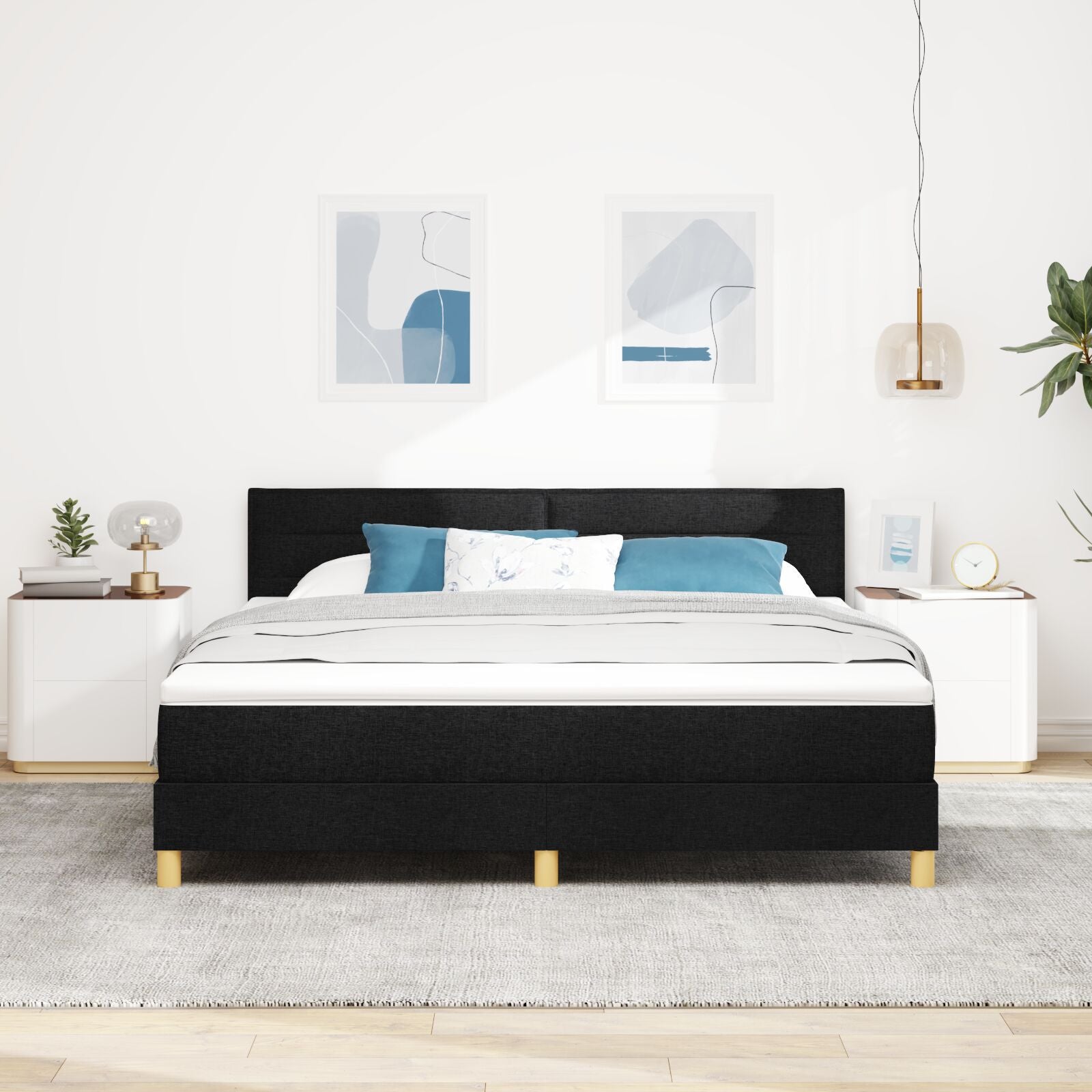 Boxspring Bed Met Matras Stof Zwart 180 x 200 cm Lijnen ontwerp