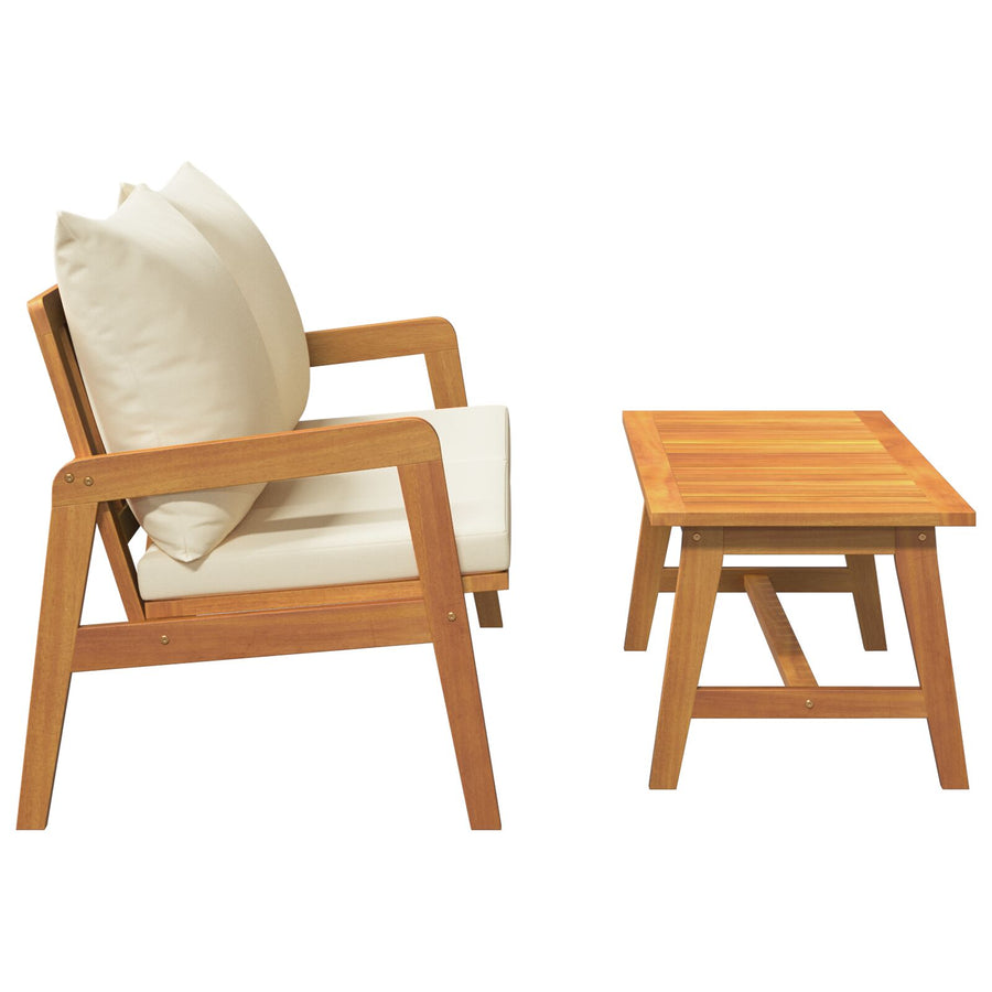 2 Delige Bistroset Met Kussens Massief Hout Acacia Crème wit Tafel + bank