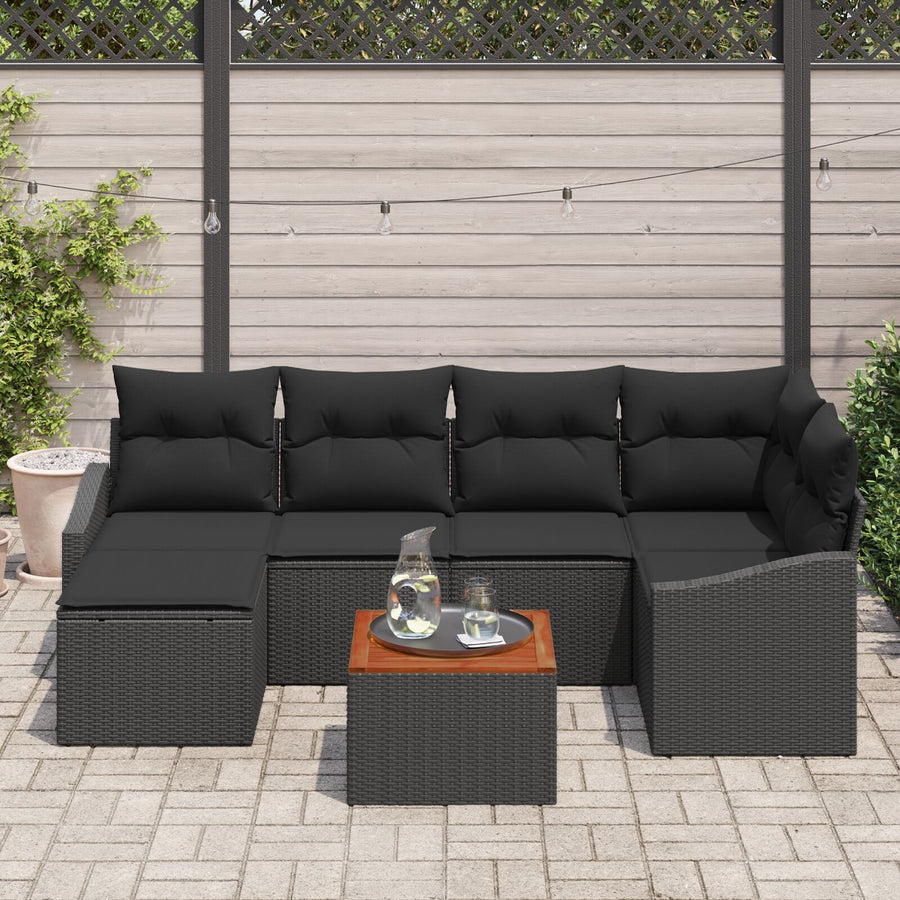 7-Delig Tuinbankstel Met Kussens Zwart Poly Rattan Acacia