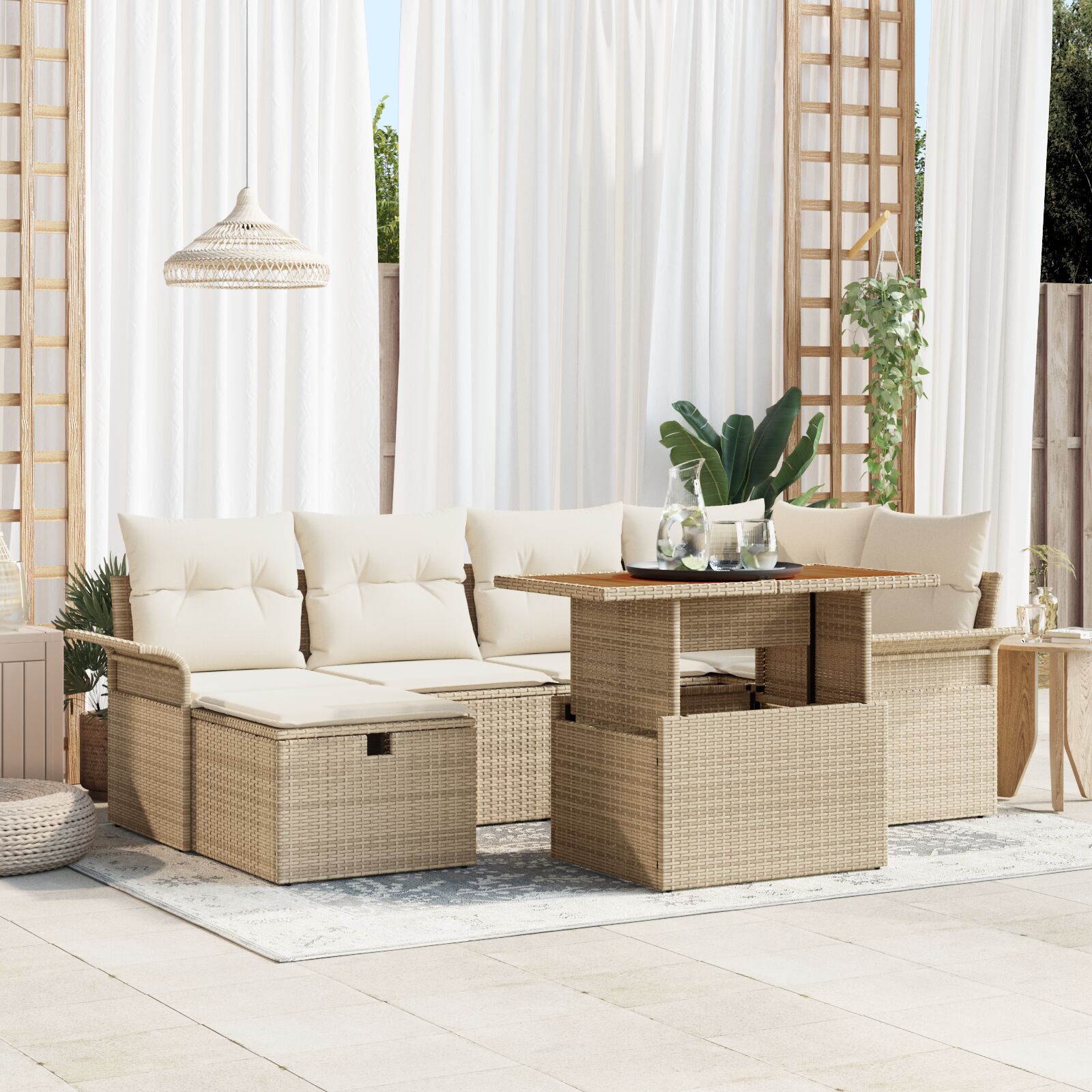 7-Delige Tuinbankset Met Kussens Beige Poly Rattan