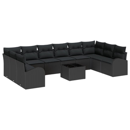 11-Delige Tuinsofa Set Met Kussens Zwart Poly Rattan