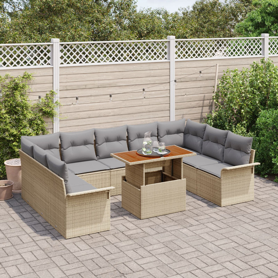 10-Delige Tuin Eetset Met Kussens Beige Poly Rattan Acacia
