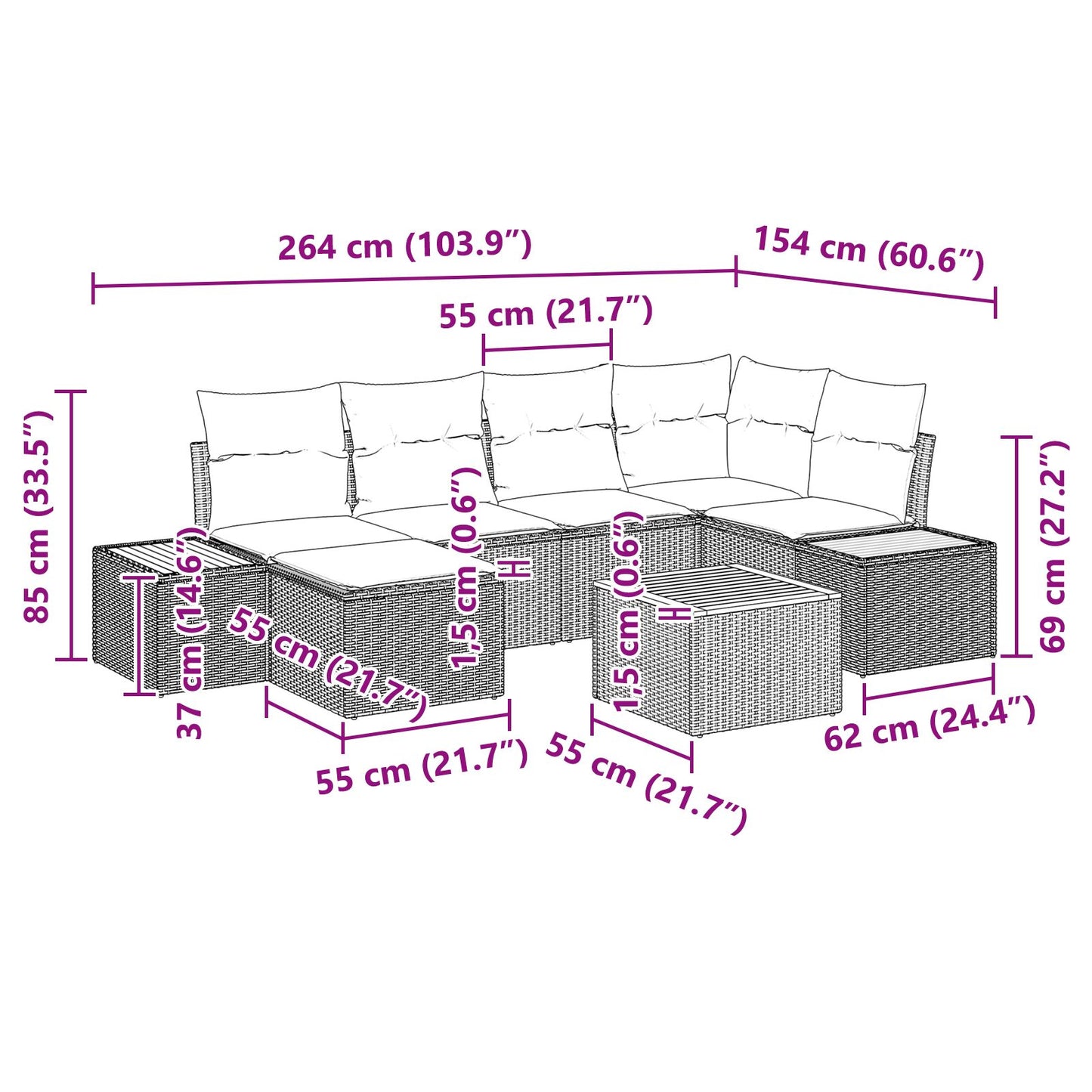 7-Delige Tuinsalonset Met Kussens Zwart Poly Rattan Acacia