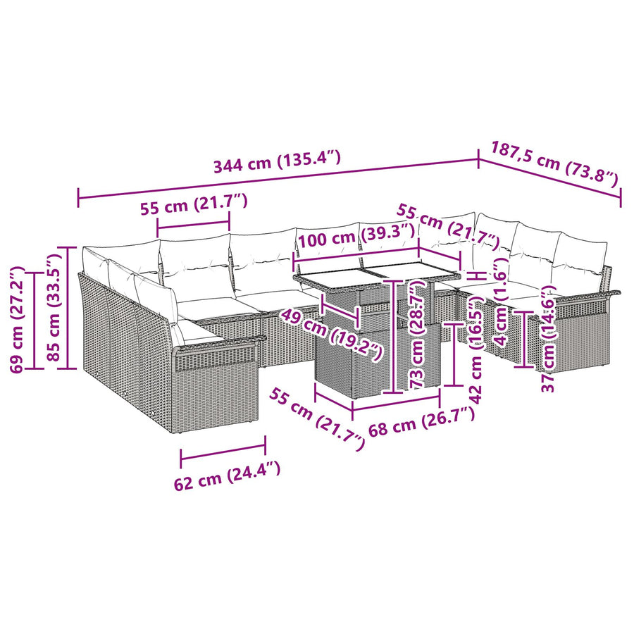 11-Delige Tuin Sofa Set Met Kussens Zwart Poly Rattan