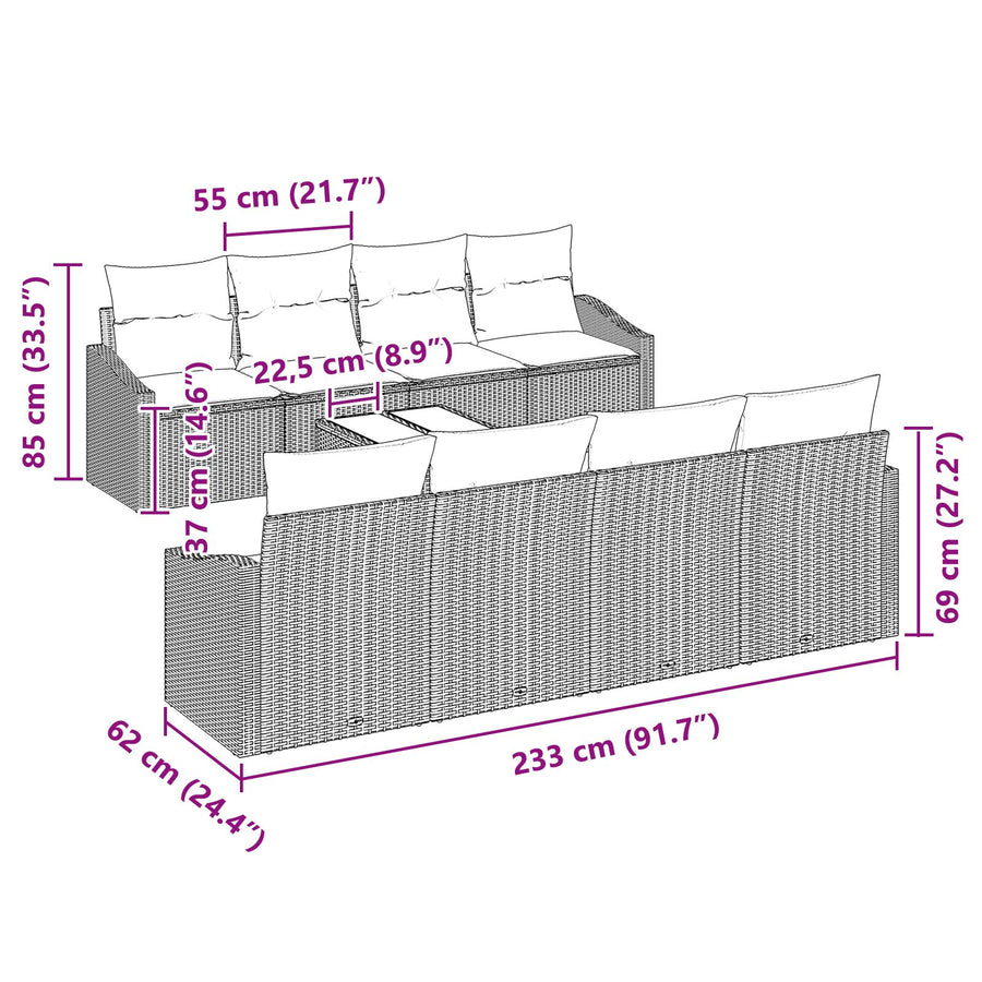 9-Delige Tuinbankset Met Kussens Lichtgrijs Poly Rattan