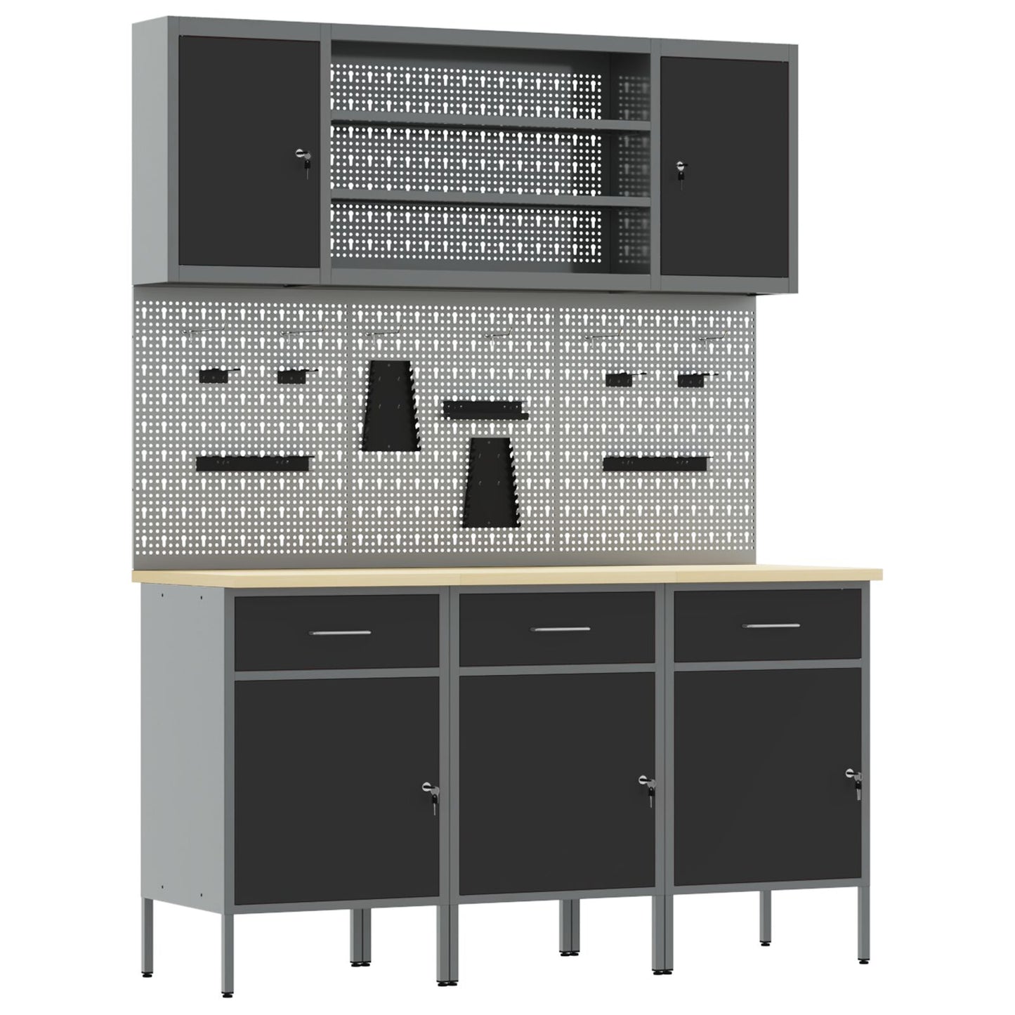 7-Delige Werkbank Set Staal 3x (84 cm) Zwart 4x kast + 4x pegboard