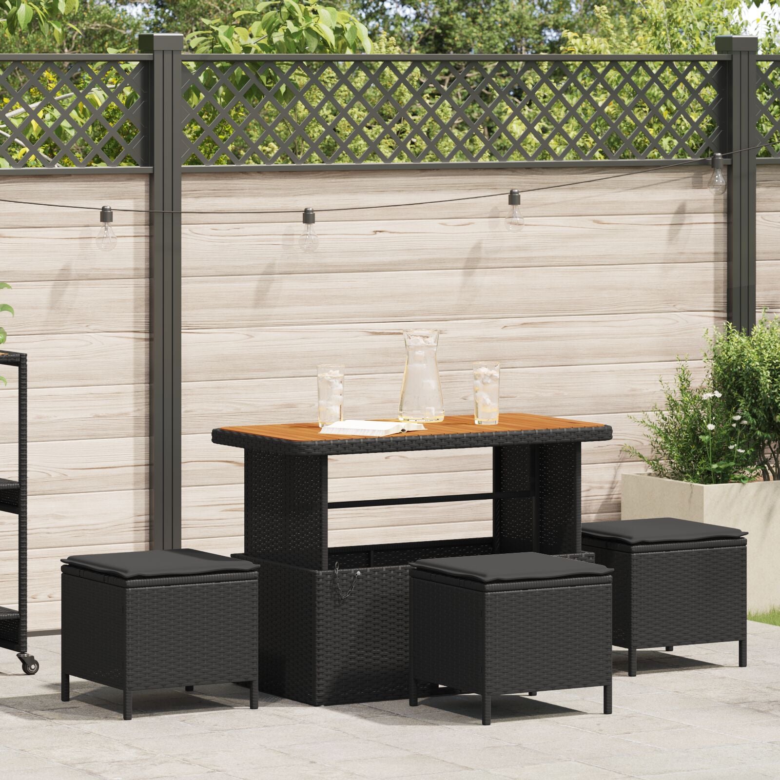 4 Delige Tuin Eettafel Set Met Kussens Poly Rattan Acacia 110 cm Zwart 3 krukken
