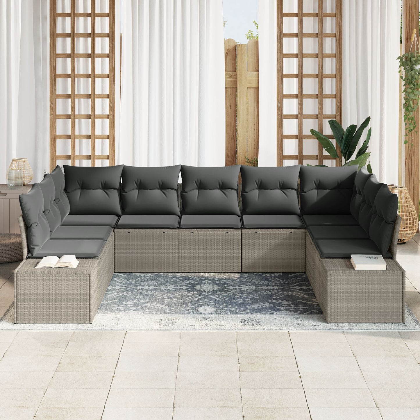 9-Delige Tuin Sofa Set Met Kussens Lichtgrijze Poly Rattan