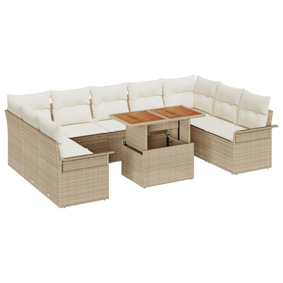 10-Delige Tuin Eettafel Set Met Kussens Beige Poly Rattan Acacia