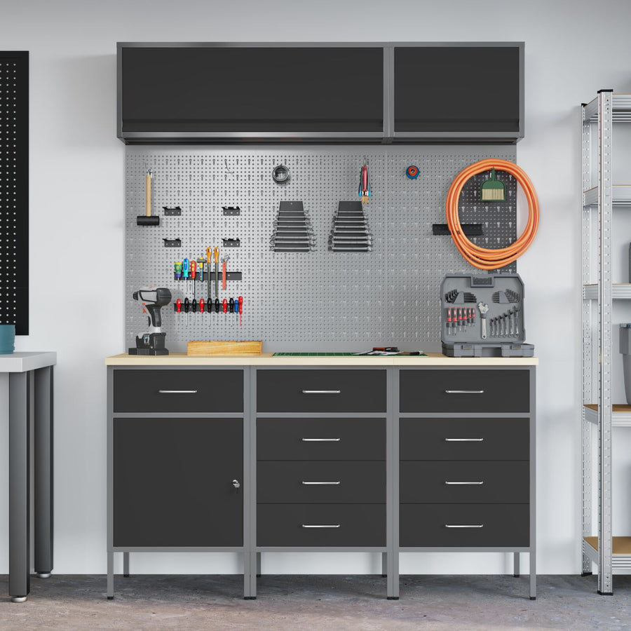 8-Delige Werkbankset Staal 3x (84/85/85 cm) Zwart 3x kast + 3x pegboard + 2x kast met deur