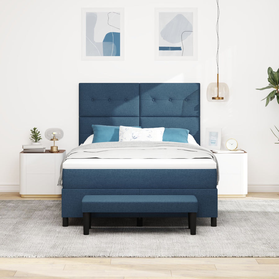 Boxspringbed Met Matras & Bank Stof Blauw 160 x 200 cm Knoop tufted
