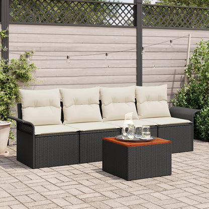 5-Delige Tuinsalon Set Met Kussens Zwart Poly Rattan Acacia