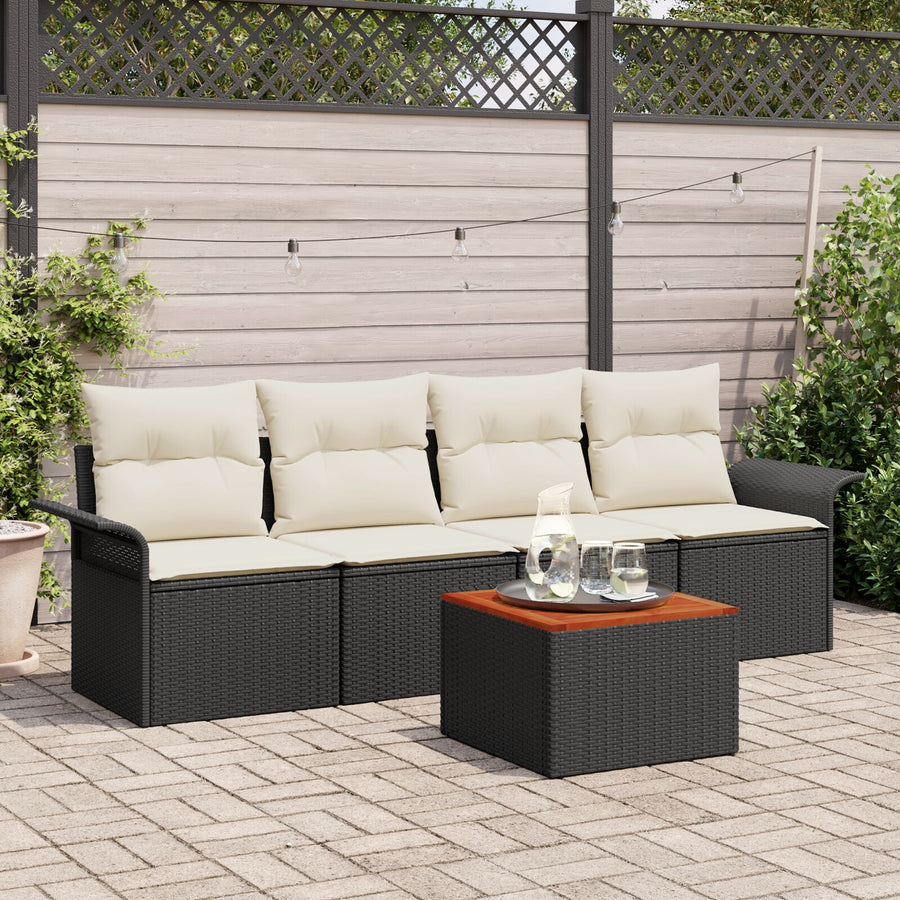 5-Delige Tuinsalon Set Met Kussens Zwart Poly Rattan Acacia