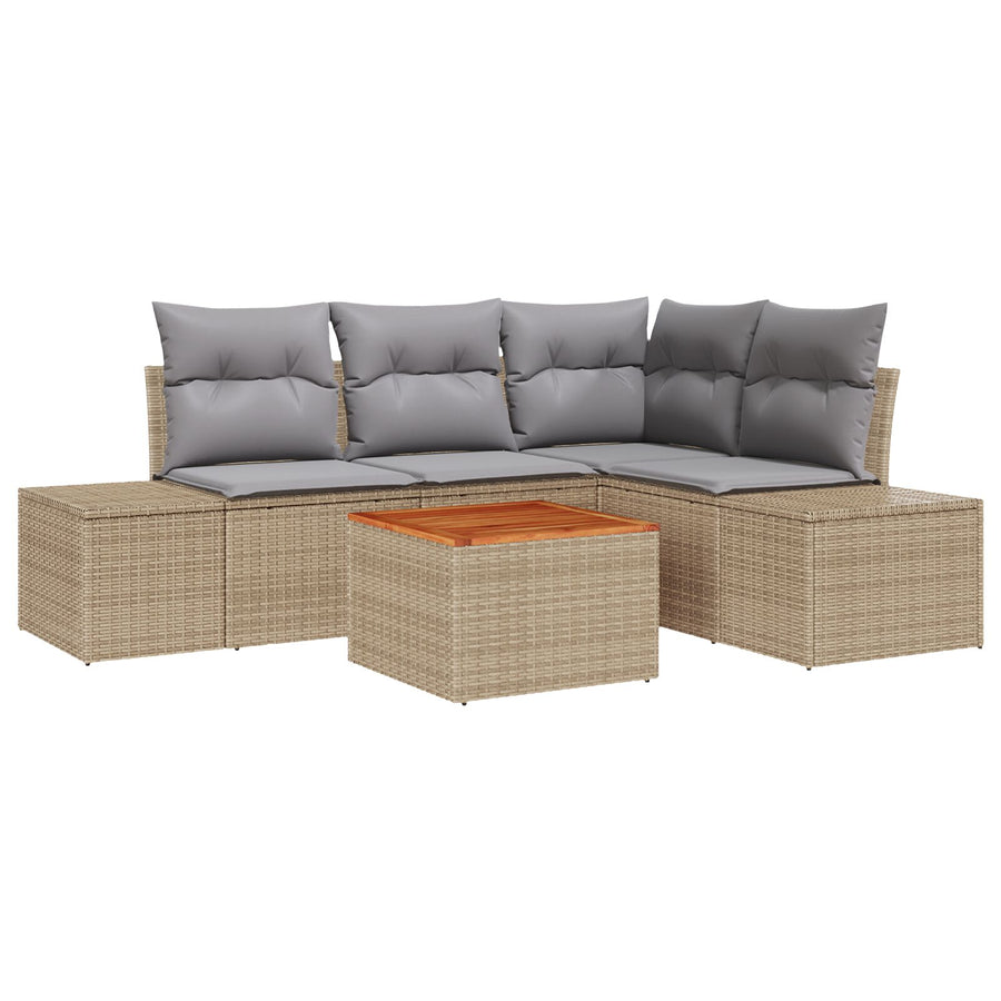 5-Delige Tuin Sofa Set Met Kussens Beige Poly Rattan Acacia