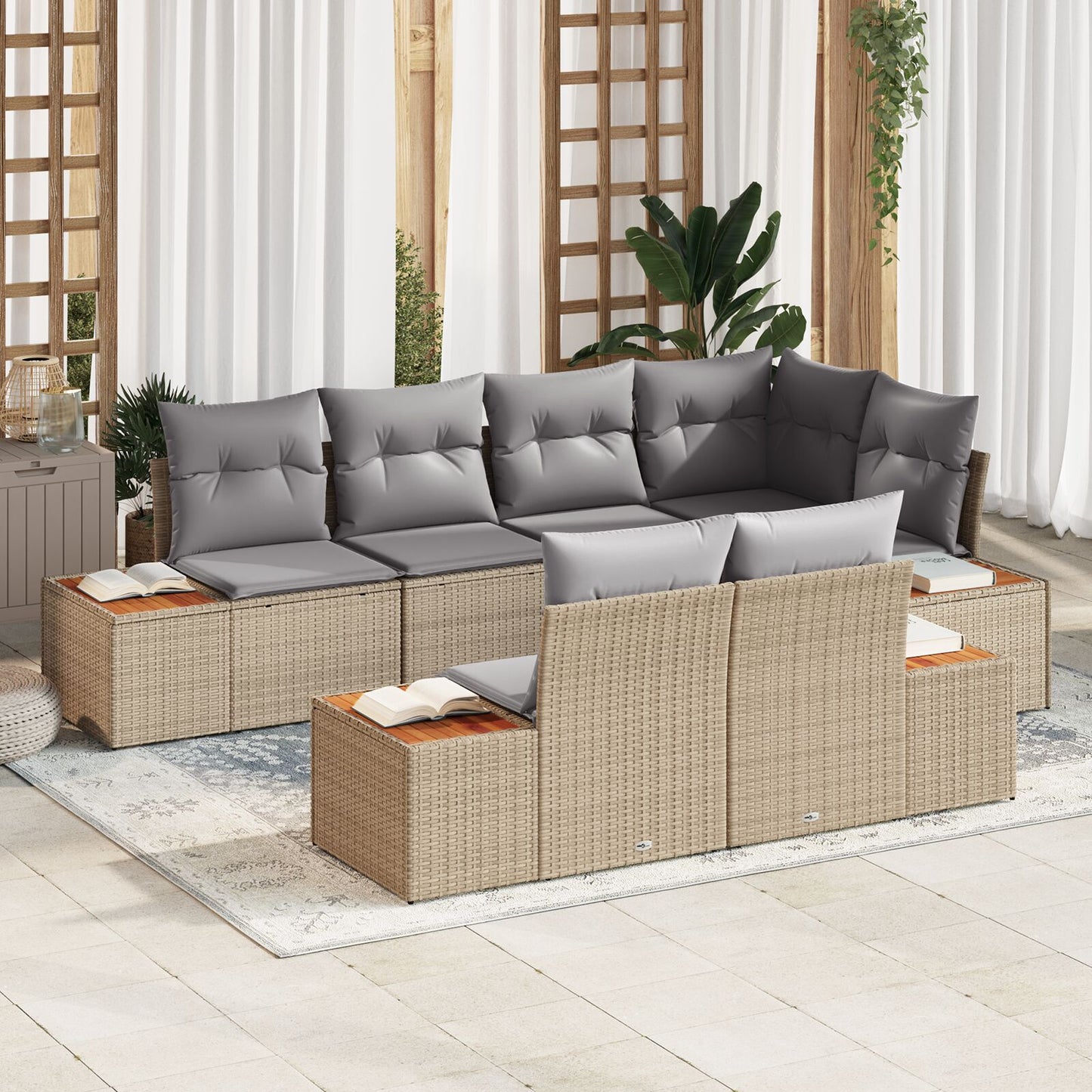 7 Delige Tuin Sofa Set Met Kussens Beige Poly Rattan Acacia