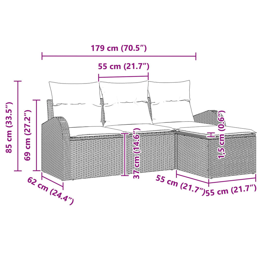 4-Delige Tuin Sofa Set Met Kussens Grijs Poly Rieten