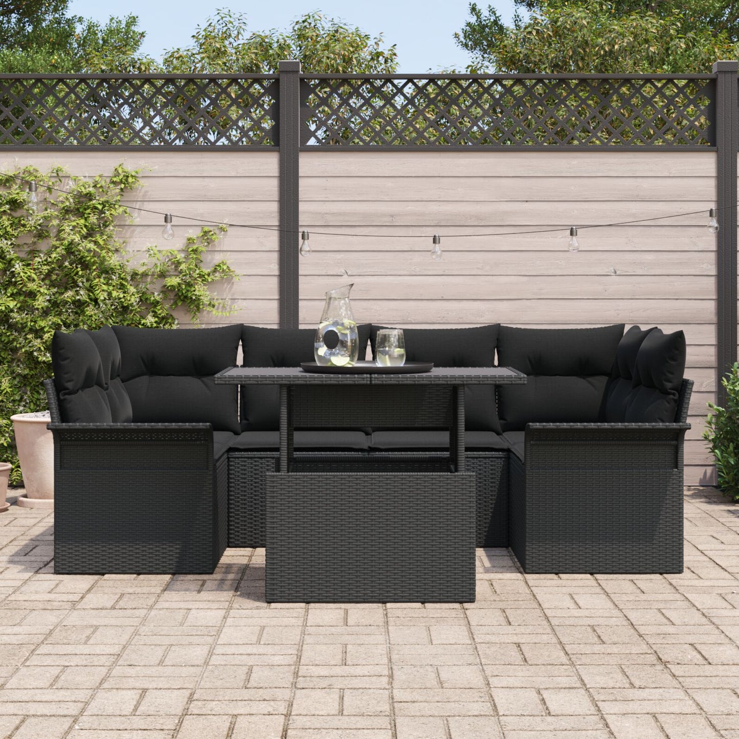 7-Delige Tuin Sofa Set Met Kussens Zwart Poly Rattan