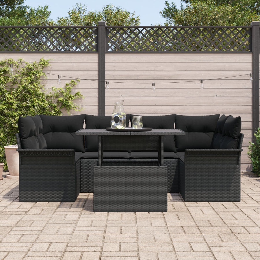7-Delige Tuin Sofa Set Met Kussens Zwart Poly Rattan