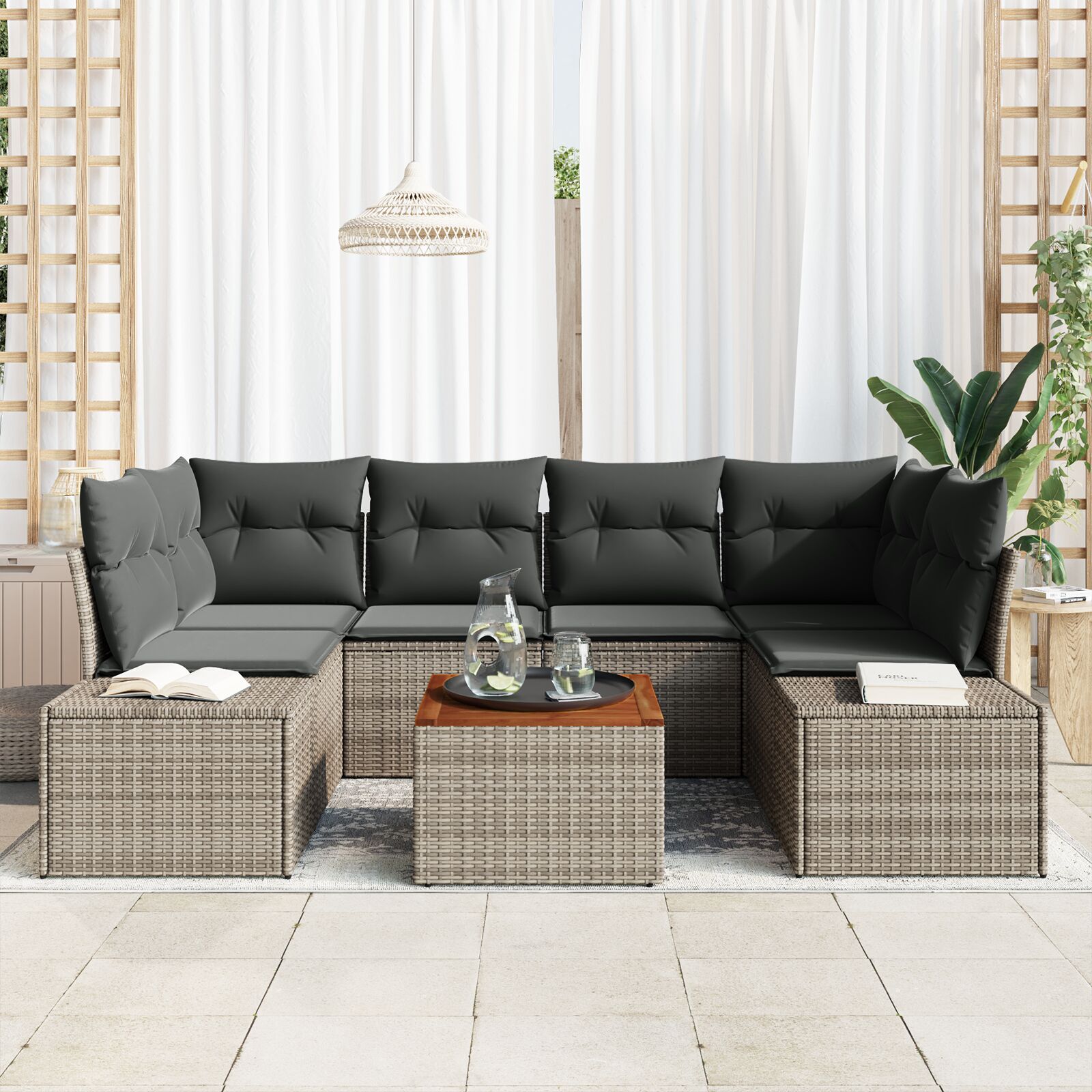 7 Delen Tuin Sofa Set Met Kussens Grijs Poly Rattan Acacia