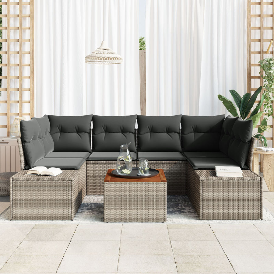7 Delen Tuin Sofa Set Met Kussens Grijs Poly Rattan Acacia