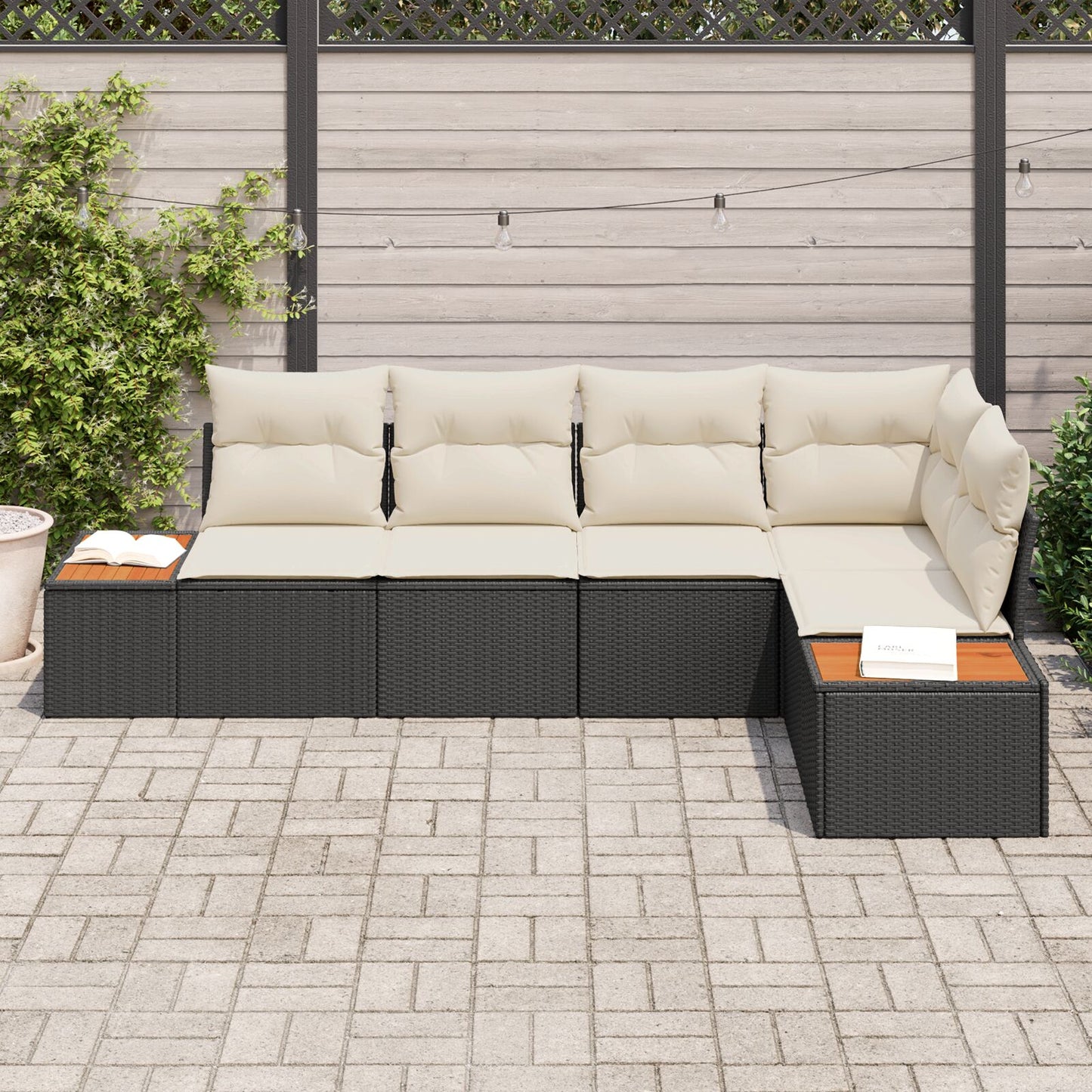5-Delige Tuin Sofa Set Met Kussens Zwart Poly Rattan Acacia