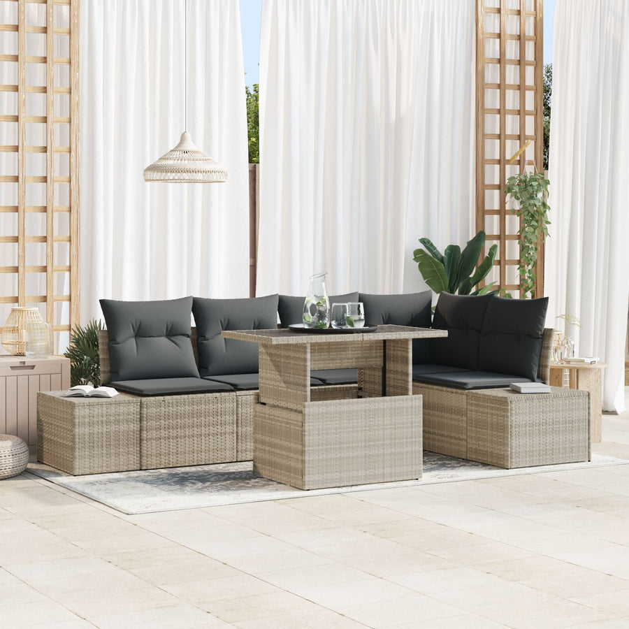 Tuin Sofa Set Set Van 6 Beige, Grijs Riet, Polyester, Staal