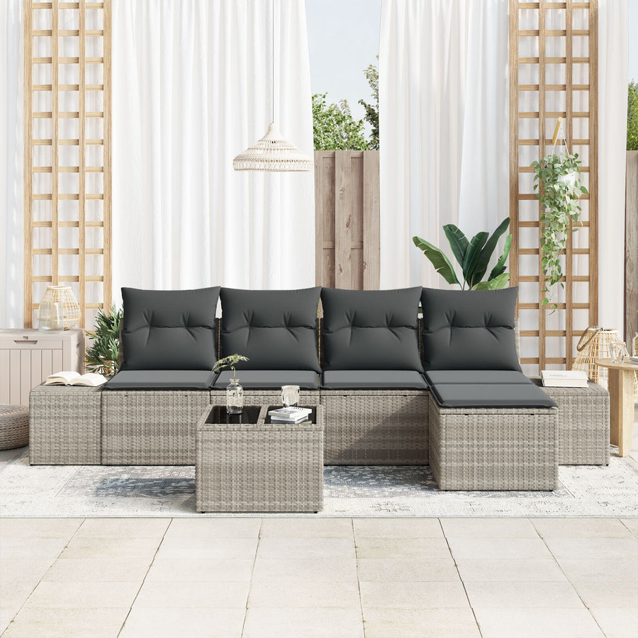 6-Delige Tuinbankset Met Kussens Grijs Poly Rattan