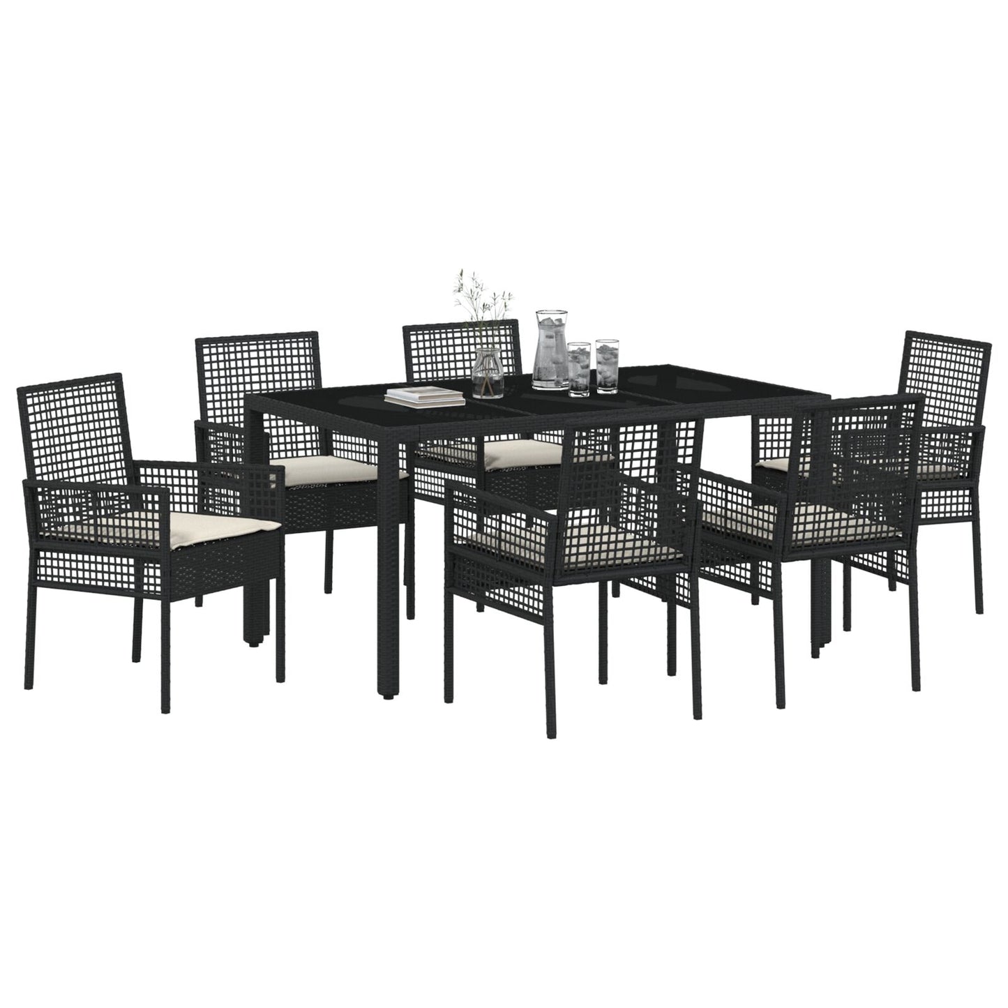7-Delige Tuintafelset Met Kussens Zwart Poly Rattan