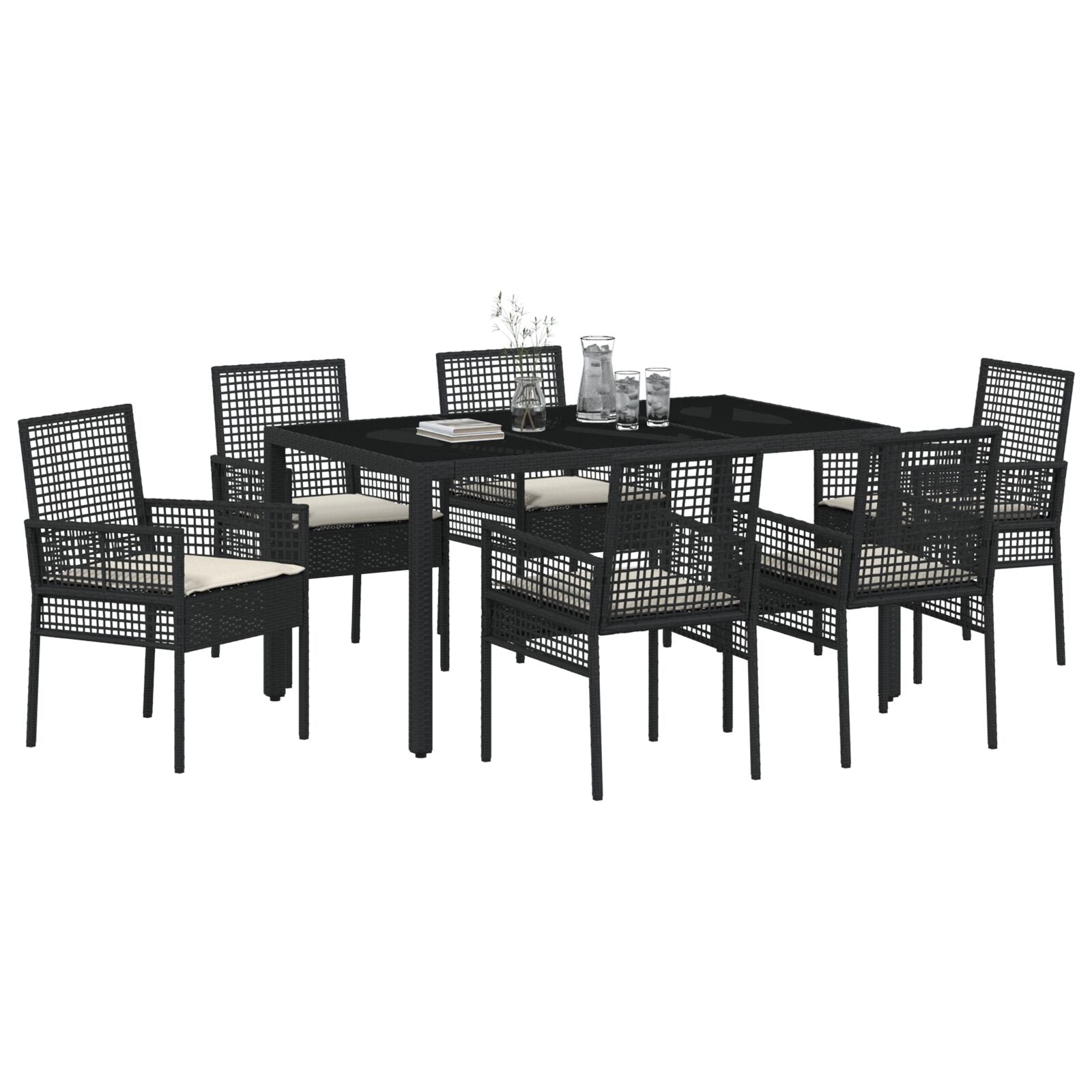 7-Delige Tuintafelset Met Kussens Zwart Poly Rattan