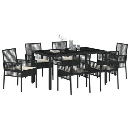 7-Delige Tuintafelset Met Kussens Zwart Poly Rattan