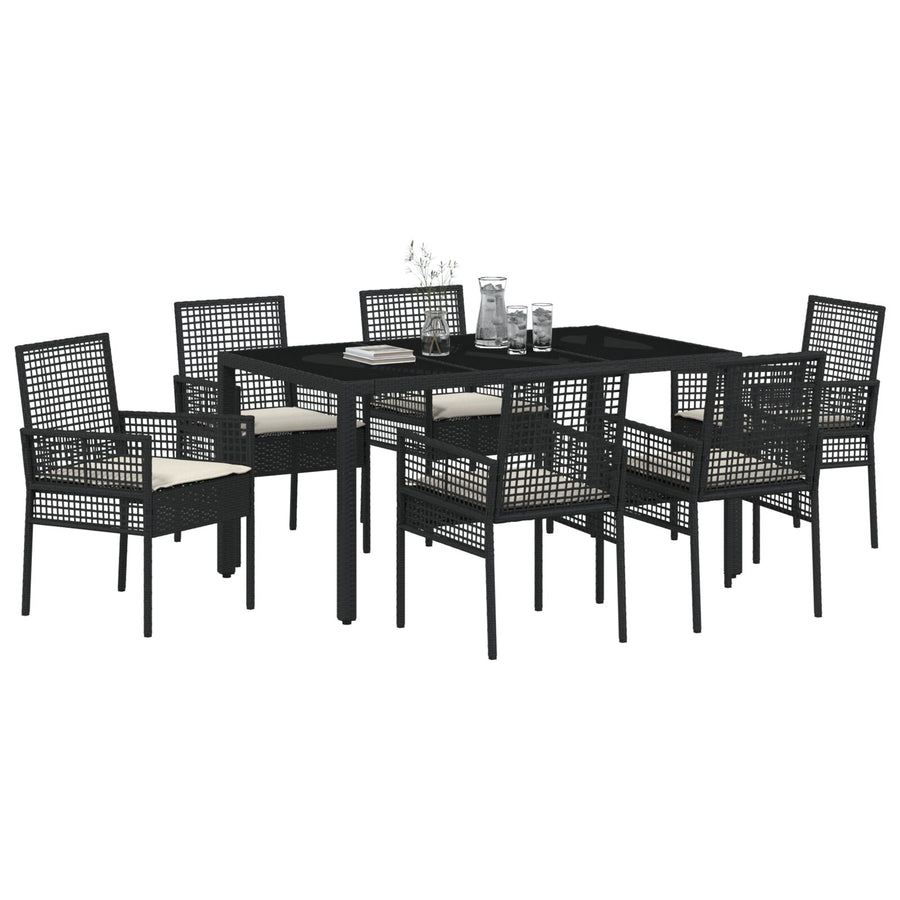 7-Delige Tuintafelset Met Kussens Zwart Poly Rattan