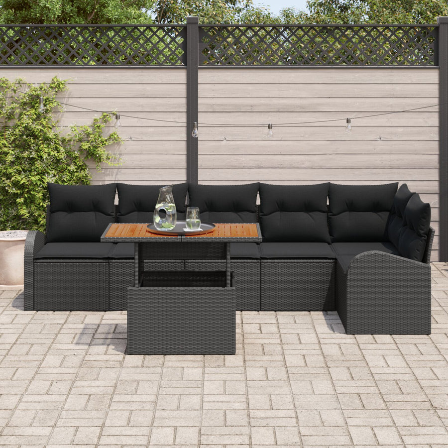 7-Delig Tuin Eetset Met Kussens Zwart Poly Rattan Acacia