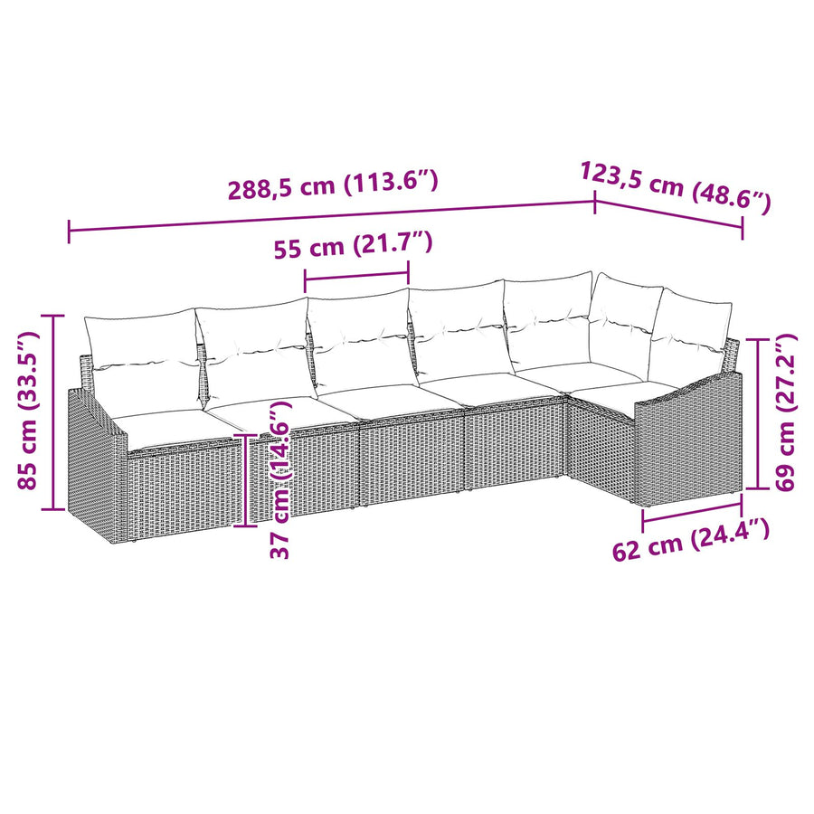 6-Delige Tuin Eetset Met Kussens Poly Rattan Zwart en wit zonder tafel