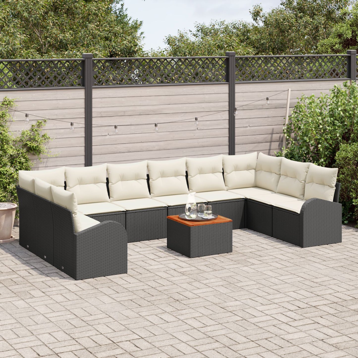 11-Delige Tuin Sofa Set Met Kussens Zwart Poly Rattan Acacia