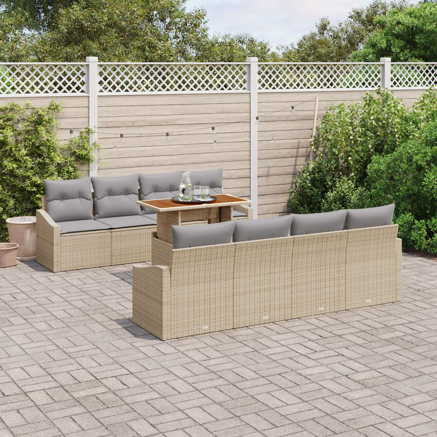9-Delige Tuindinerset Met Kussens Beige Poly Rattan Acacia