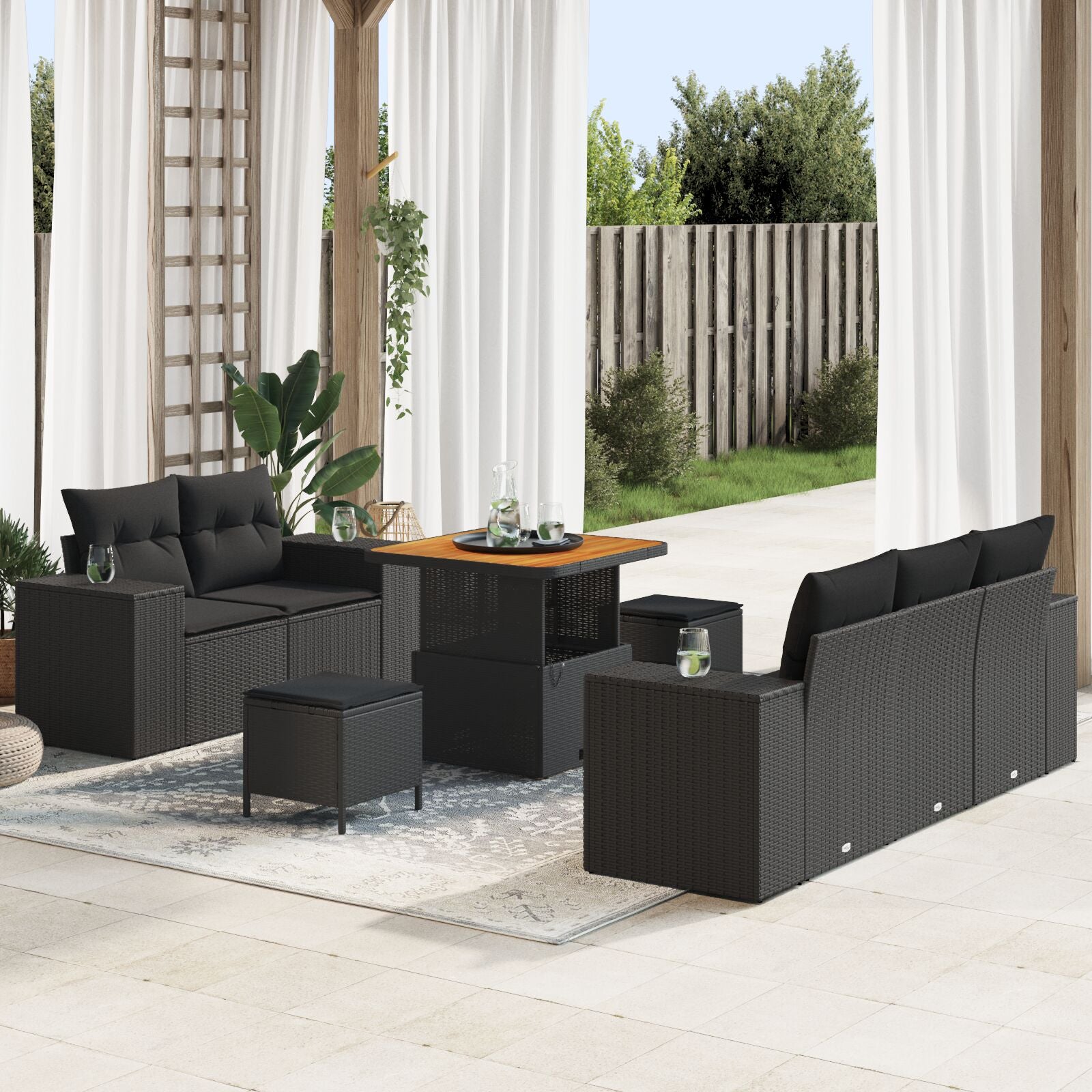 8-Delige Tuin Sofa Set Met Kussens Zwart Poly Rattan Acacia, 3-Delige Tuin Eettafel Set Met Kussens Zwart Poly Rattan Acacia Wit