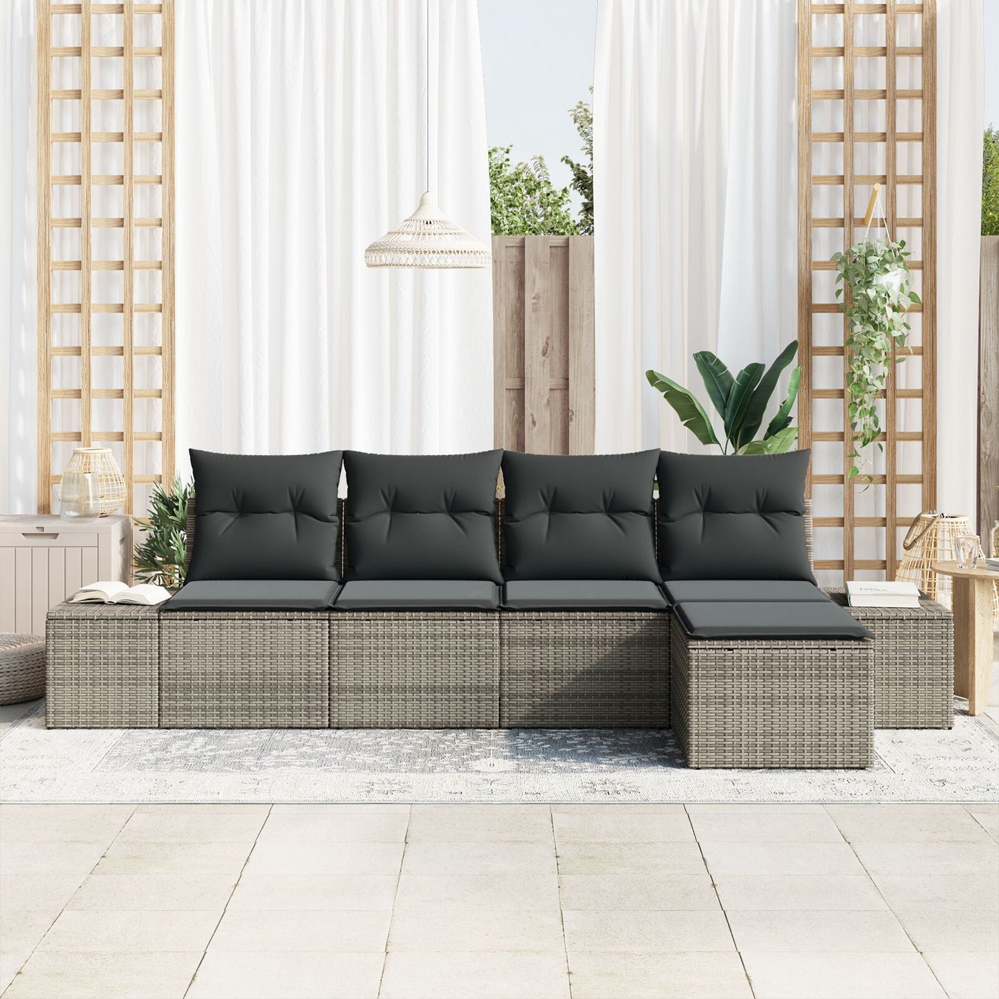 5-Delige Tuin Sofa Set Met Kussens Grijs Poly Rattan